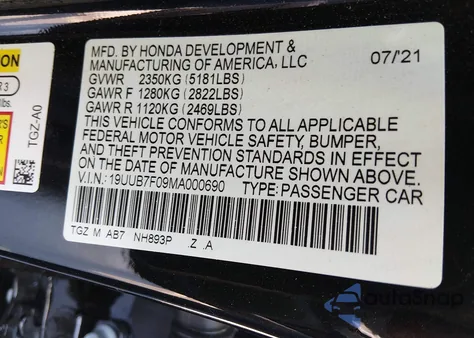 2021 Acura Tlx Type S из США, поврежденный, VIN 19UUB7F09MA000690